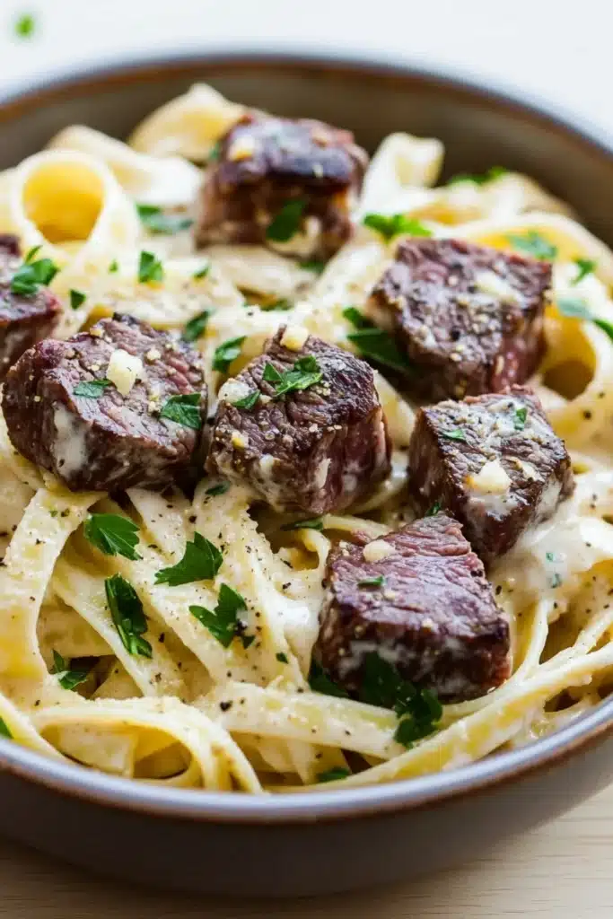 Steak bites with garlic parmesan pasta - the image is a close-up of a bowl of pasta dish. the pasta appears to be fettuccine alfredo, which is a type of italian pasta. the dish is served in a brown ceramic bowl and is garnished with chopped parsley. on top of the pasta, there are several pieces of cooked meat, which appear to be beef or beef tenderloin. the meat is covered in a creamy white sauce, which looks like it has been cooked to perfection. the sauce is drizzled over the top, giving the dish a glossy sheen. the bowl is sitting on a wooden table, and the background is blurred, making the dish the focal point of the image.