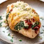 Stuffed chicken breast tuscan - the image shows a plate of food, specifically a stuffed chicken breast. the chicken breast is golden brown and appears to be stuffed with a mixture of spinach, sun-dried tomatoes, and cheese. the dish is garnished with chopped herbs and grated cheese on top. the plate is round and has a speckled texture. the background is a white marble countertop.