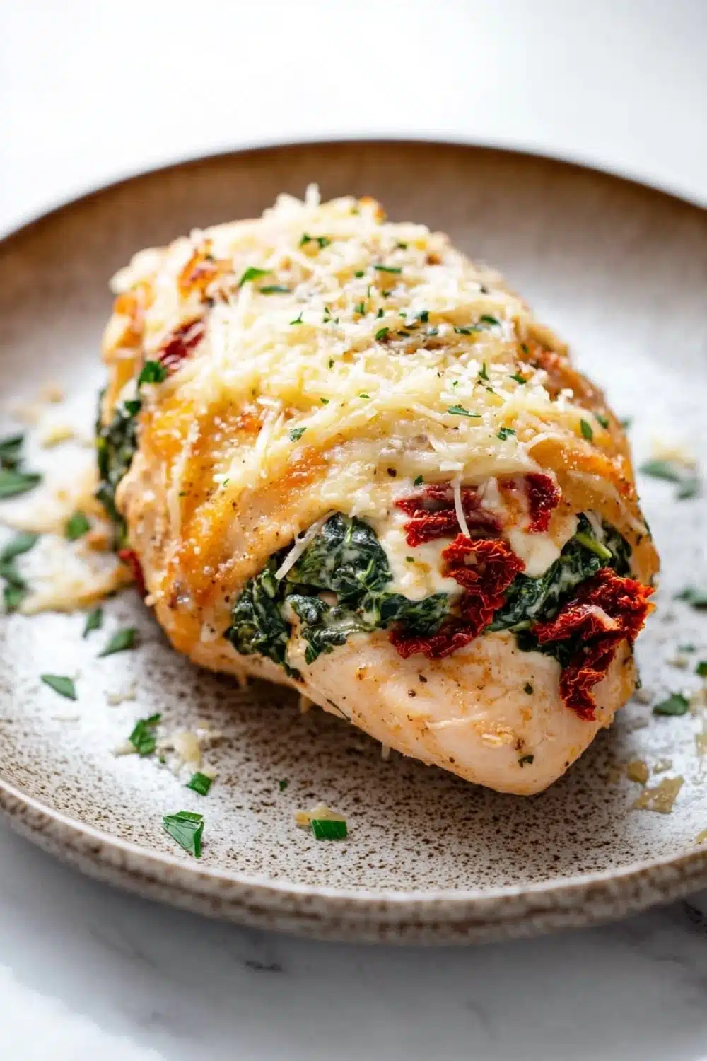 Stuffed chicken breast tuscan - the image shows a plate of food, specifically a stuffed chicken breast. the chicken breast is golden brown and appears to be stuffed with a mixture of spinach, sun-dried tomatoes, and cheese. the dish is garnished with chopped herbs and grated cheese on top. the plate is round and has a speckled texture. the background is a white marble countertop.
