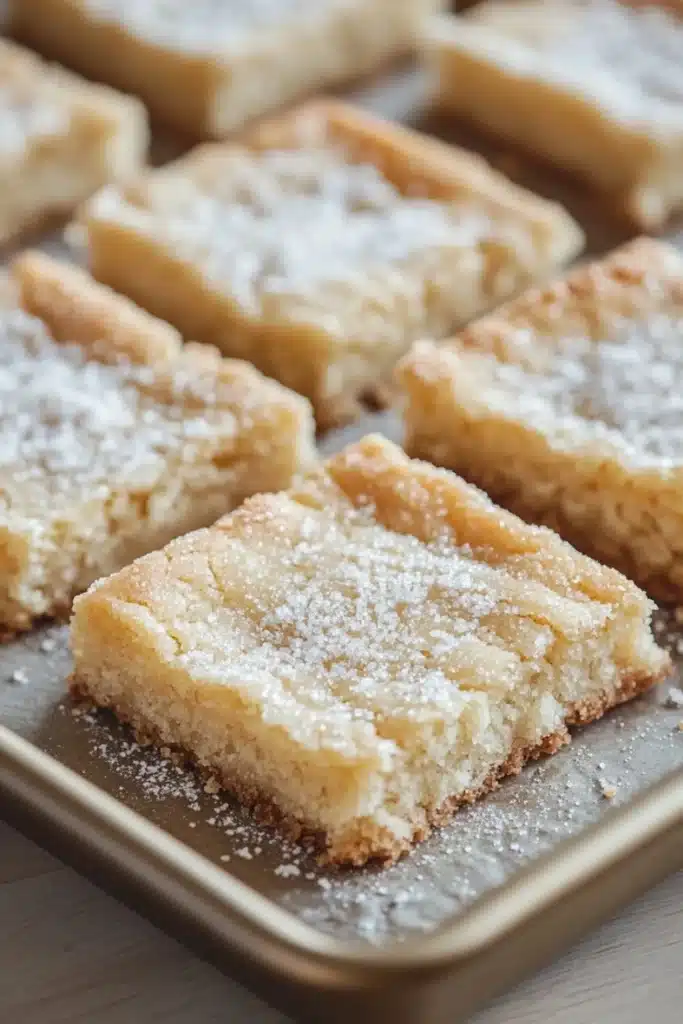 Sugar cookie bar - the image shows a tray of freshly baked square bars. the bars are golden brown in color and have a crumbly texture. they are dusted with powdered sugar, giving them a shiny appearance. the tray is lined with parchment paper and is placed on a wooden table. the background is blurred, but it appears to be a kitchen countertop.