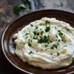 Whipped feta goat cheese dip - the image shows a plate of mashed potatoes on a wooden table. the mashed potatoes are creamy and smooth, and are topped with chopped parsley. the plate is brown and has a textured surface. the background is blurred, but it appears to be a rustic wooden table with scattered parsley leaves. the overall mood of the image is warm and inviting.