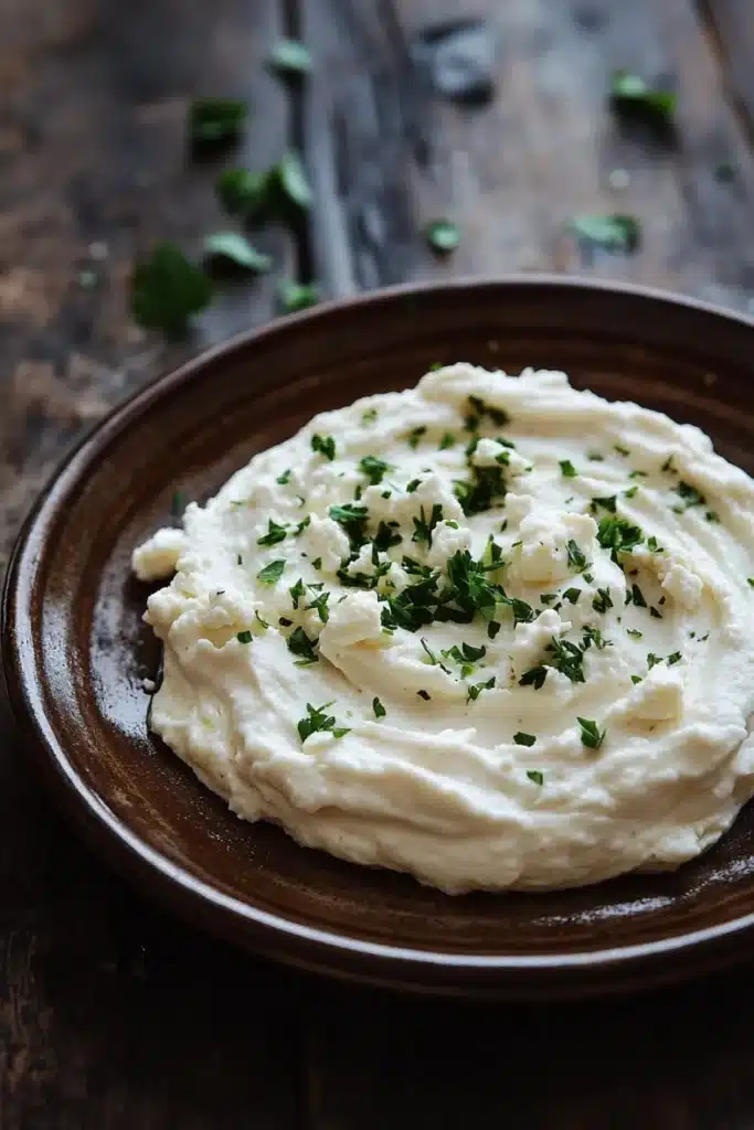 Whipped feta goat cheese dip - the image shows a plate of mashed potatoes on a wooden table. the mashed potatoes are creamy and smooth, and are topped with chopped parsley. the plate is brown and has a textured surface. the background is blurred, but it appears to be a rustic wooden table with scattered parsley leaves. the overall mood of the image is warm and inviting.