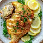 Whole tilapia in air fryer - the image shows a plate of food, specifically a fish dish. the fish appears to be a tilapia, with a golden-brown color and a crispy texture. it is garnished with fresh herbs and sliced lemons. the plate is white with a speckled pattern, and the fish is placed on a wooden table. the overall presentation of the dish is elegant and appetizing.