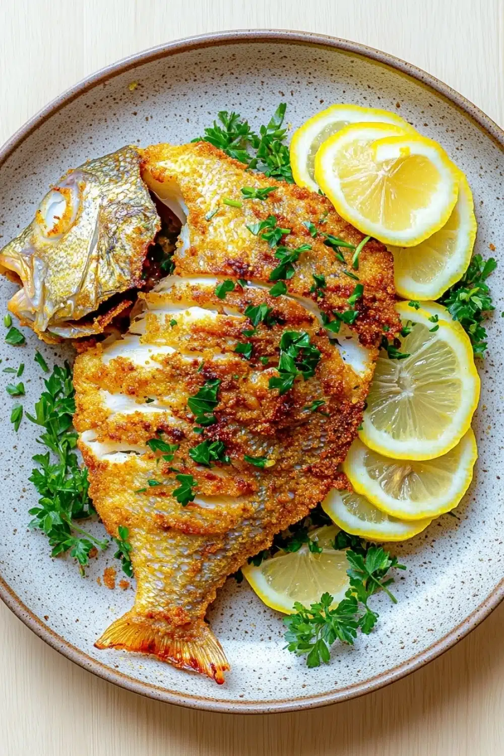 Whole tilapia in air fryer - the image shows a plate of food, specifically a fish dish. the fish appears to be a tilapia, with a golden-brown color and a crispy texture. it is garnished with fresh herbs and sliced lemons. the plate is white with a speckled pattern, and the fish is placed on a wooden table. the overall presentation of the dish is elegant and appetizing.