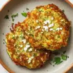 Zucchini feta fritters - the image shows a plate of zucchini fritters on a white marble countertop. the plate is made of terracotta and has a light brown color. the zucchinis are golden brown and appear to be freshly cooked. they are topped with crumbled feta cheese and sprinkled with chopped herbs. there are also a few sprigs of parsley scattered around the plate. the overall presentation of the dish is appetizing and inviting.